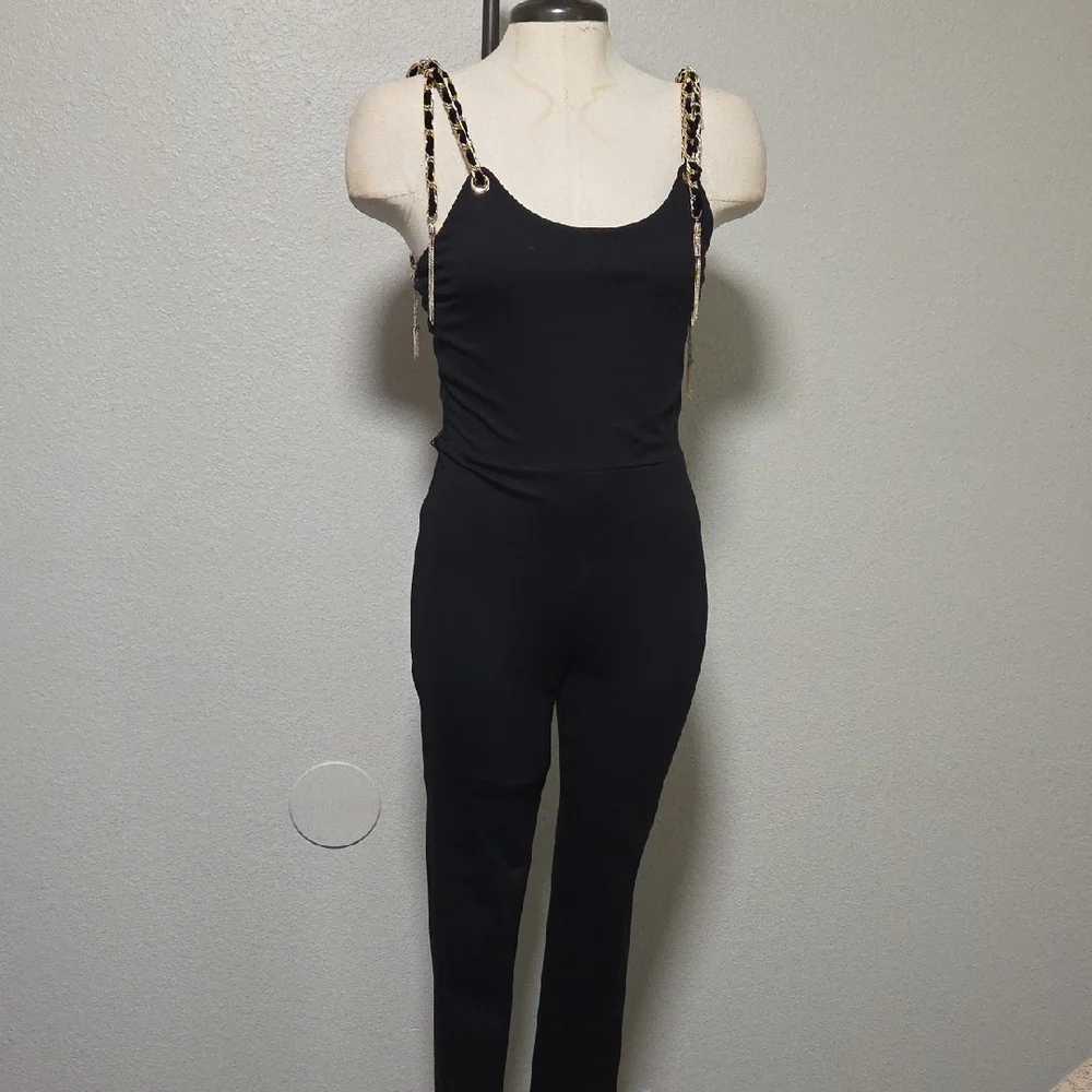 Women's Chic Black Jumpsuit with Leopard Straps